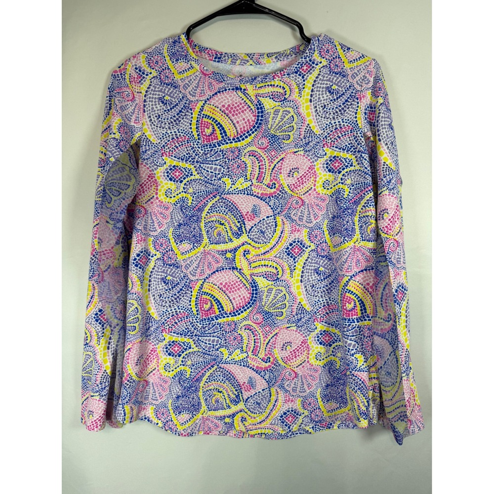 IBKUL Womens IceFil UPF 50+ Sun Shirt Mosaic Sea Life Fish Print Blue Pink M